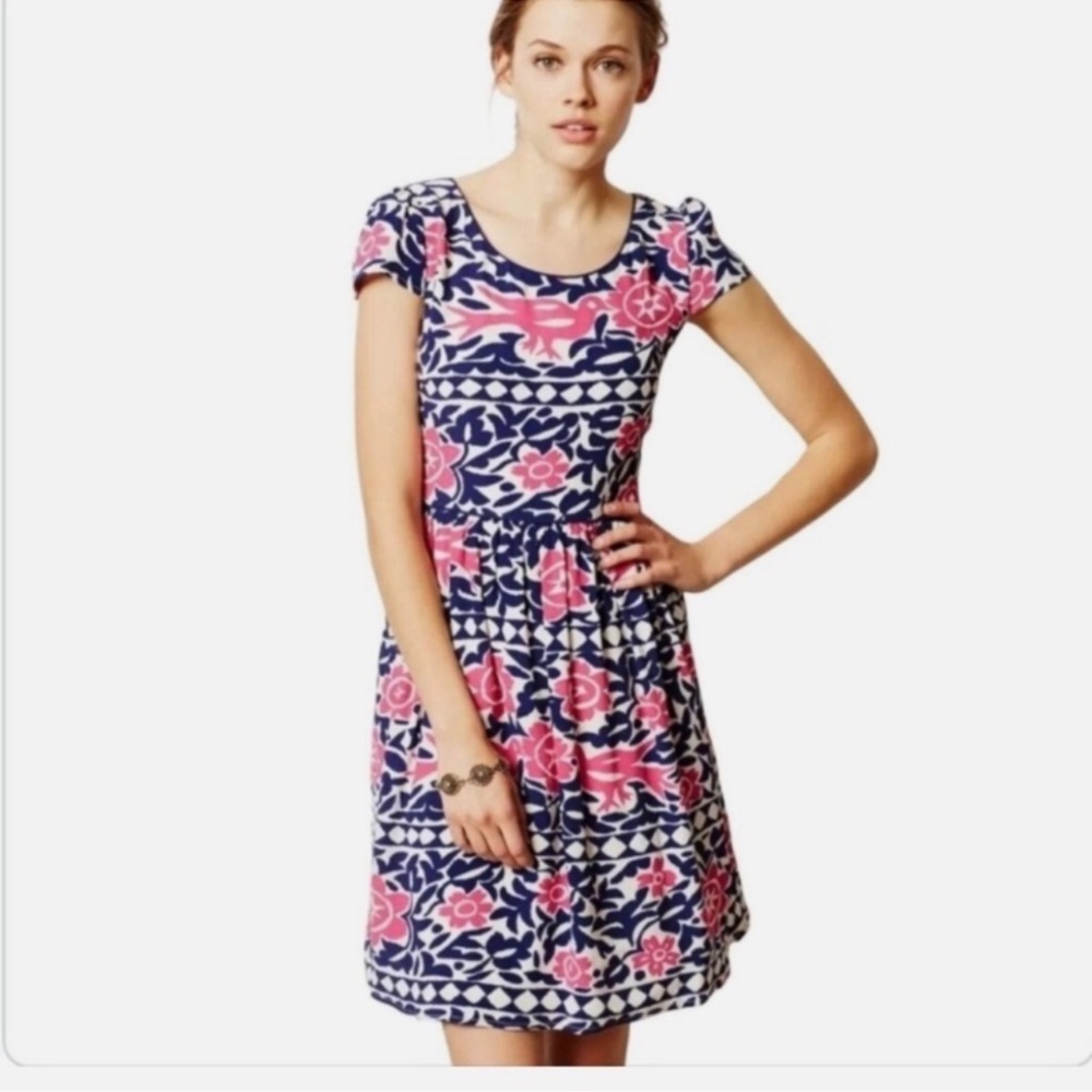 Maeve  Anthropologie Pink Blue Floral Bird Dress